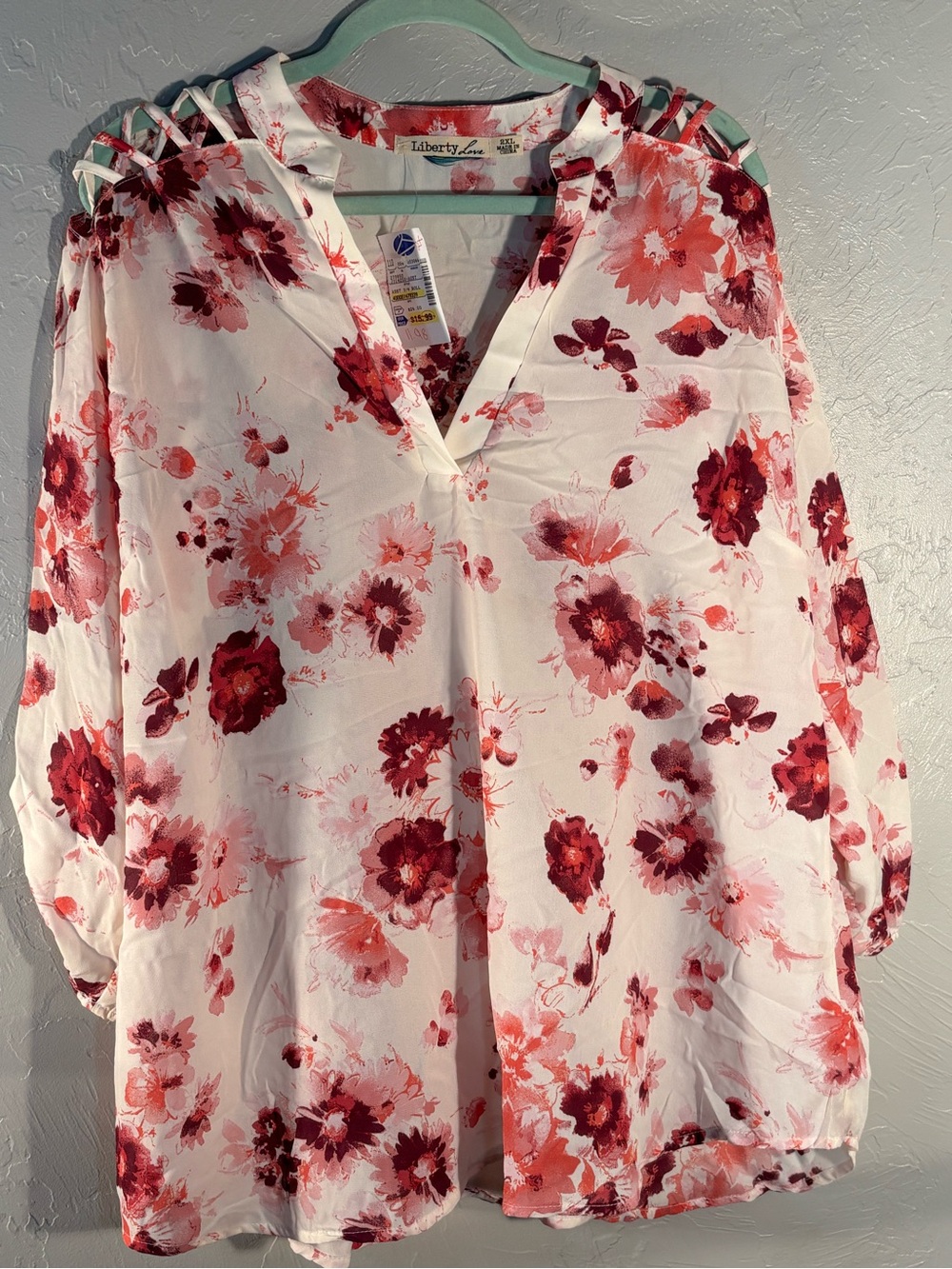 Liberty Love White Blouse with Red & Pink Floral Ladder-Shoulder